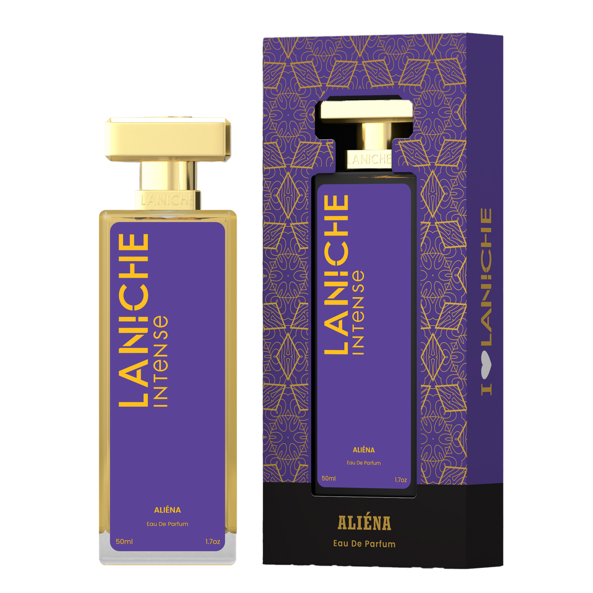 Laniche Parfum Aliéna 50ml eau de parfum, purple and gold bottle beside its matching patterned box.