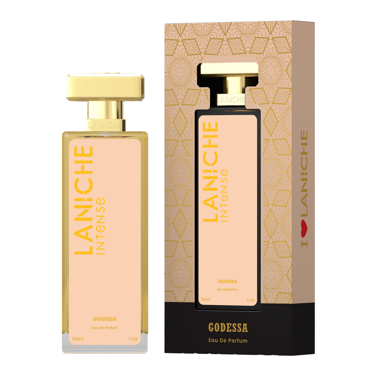 Laniche Parfum Godessa 50ml eau de parfum, peach and gold bottle beside its matching patterned box.