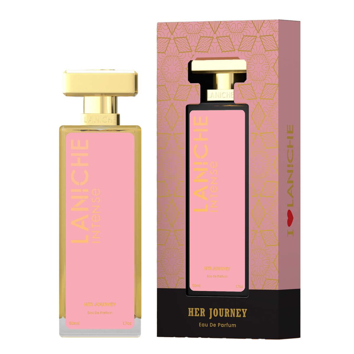 Laniche Parfum Her Journey 50ml eau de parfum, pink and gold bottle beside its matching patterned box.