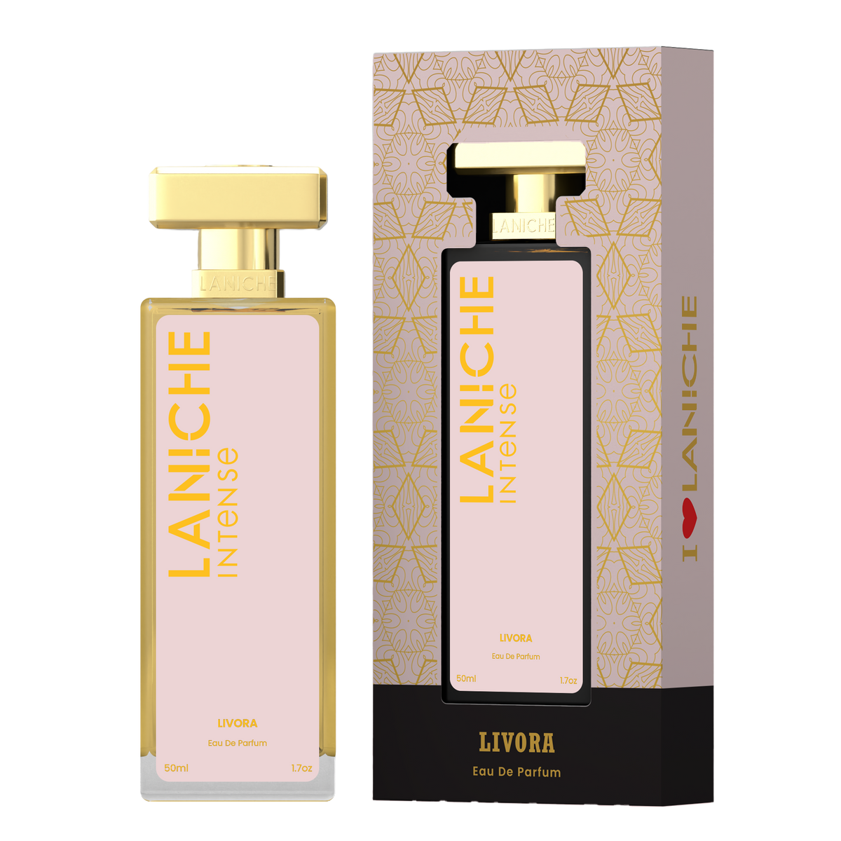 Laniche Parfum Livora 50ml eau de parfum, blush pink and gold bottle beside its matching patterned box.