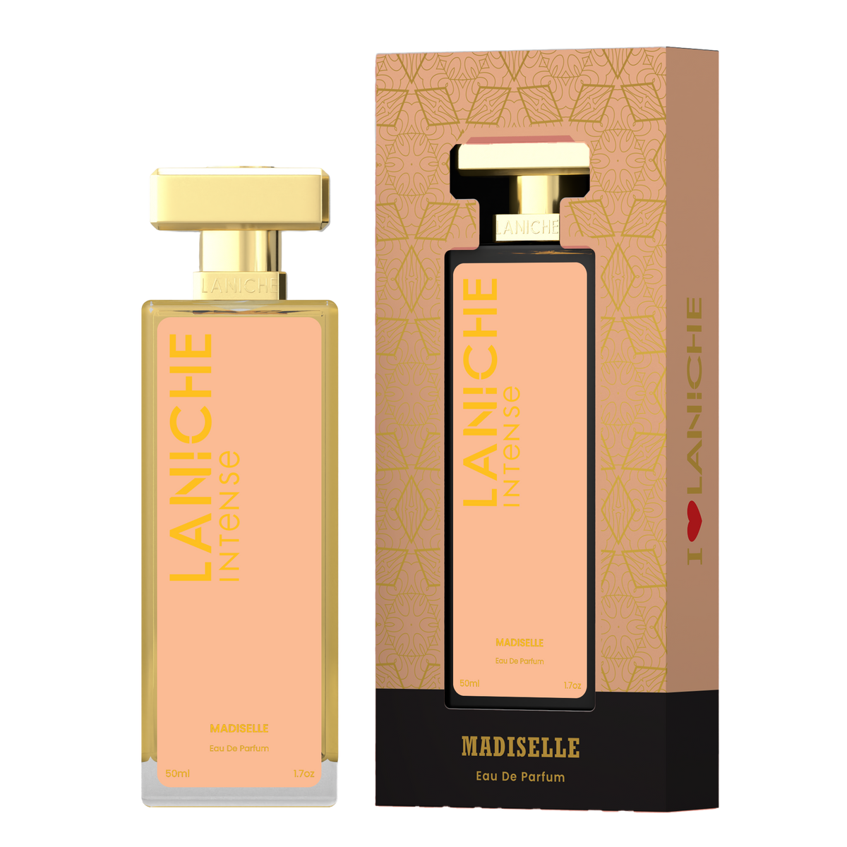 Laniche Parfum Madiselle 50ml eau de parfum, peach and gold bottle beside its matching patterned box.
