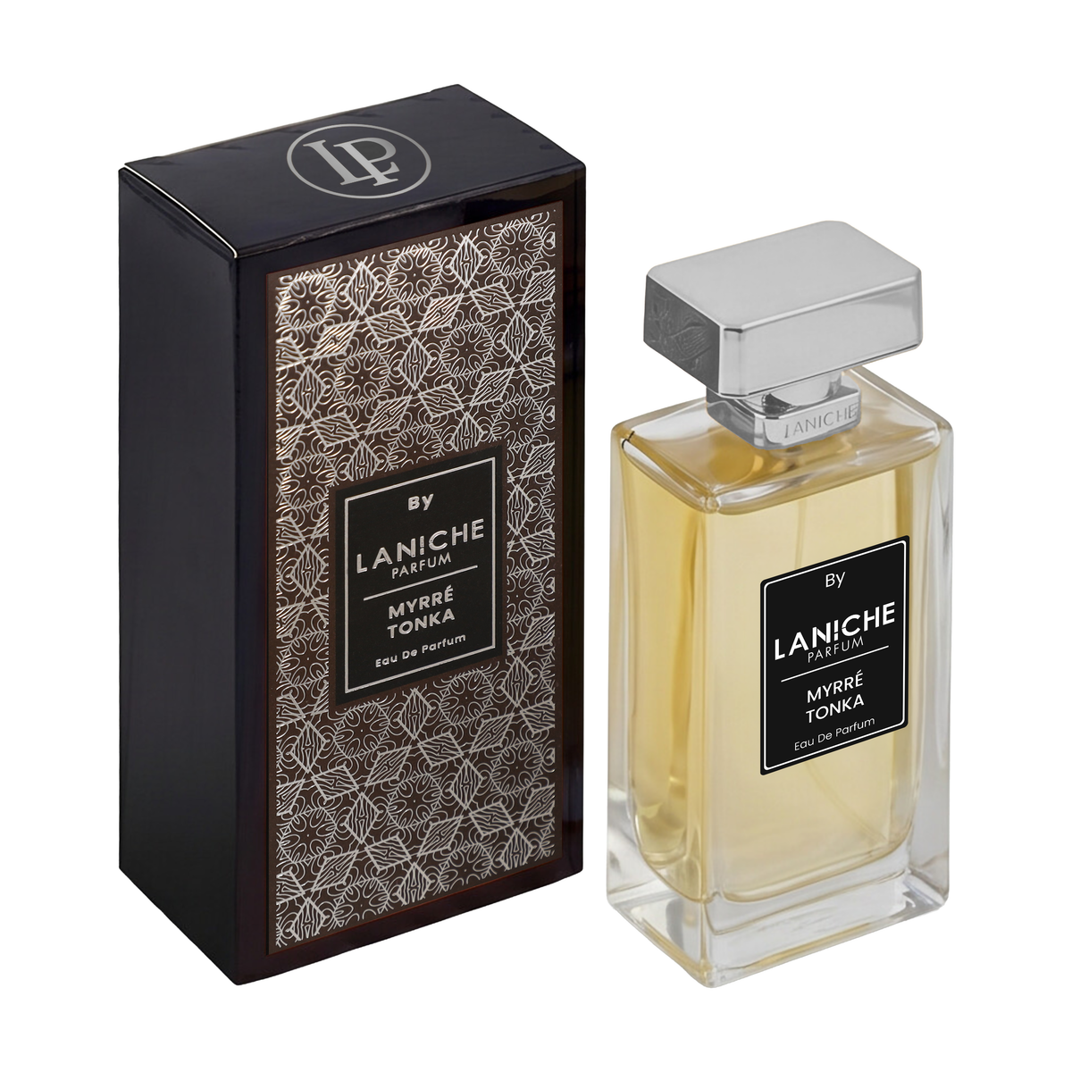 Laniche Parfum Myrré Tonka 100ml eau de parfum, gold bottle with silver cap beside a black box with an ornate silver scroll pattern on brown.