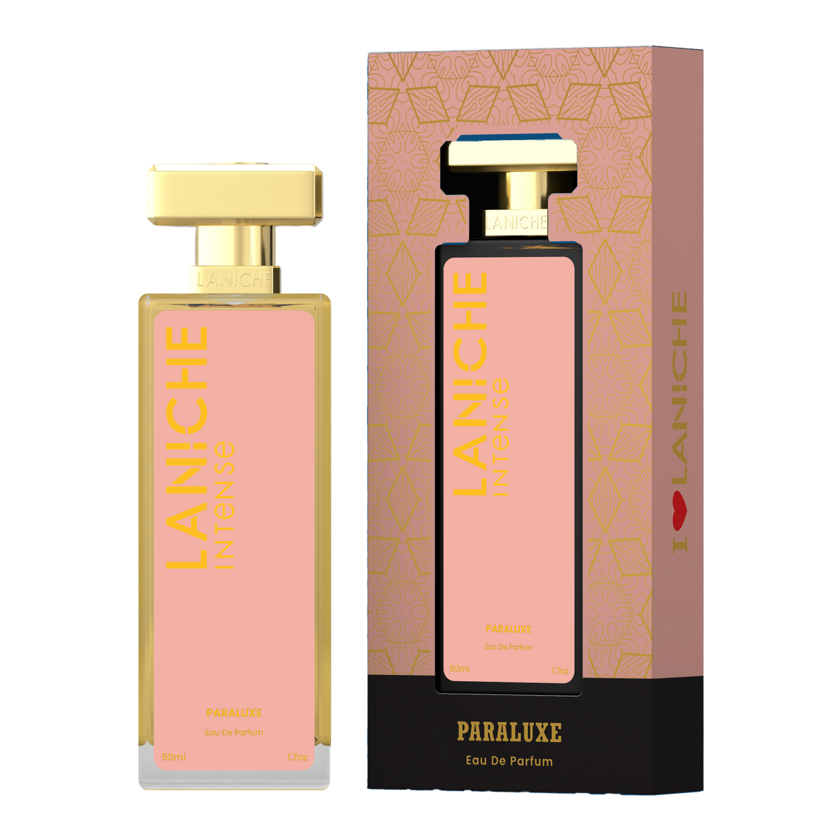 Laniche Parfum Paraluxe 50ml eau de parfum, blush pink and gold bottle beside its matching patterned box.