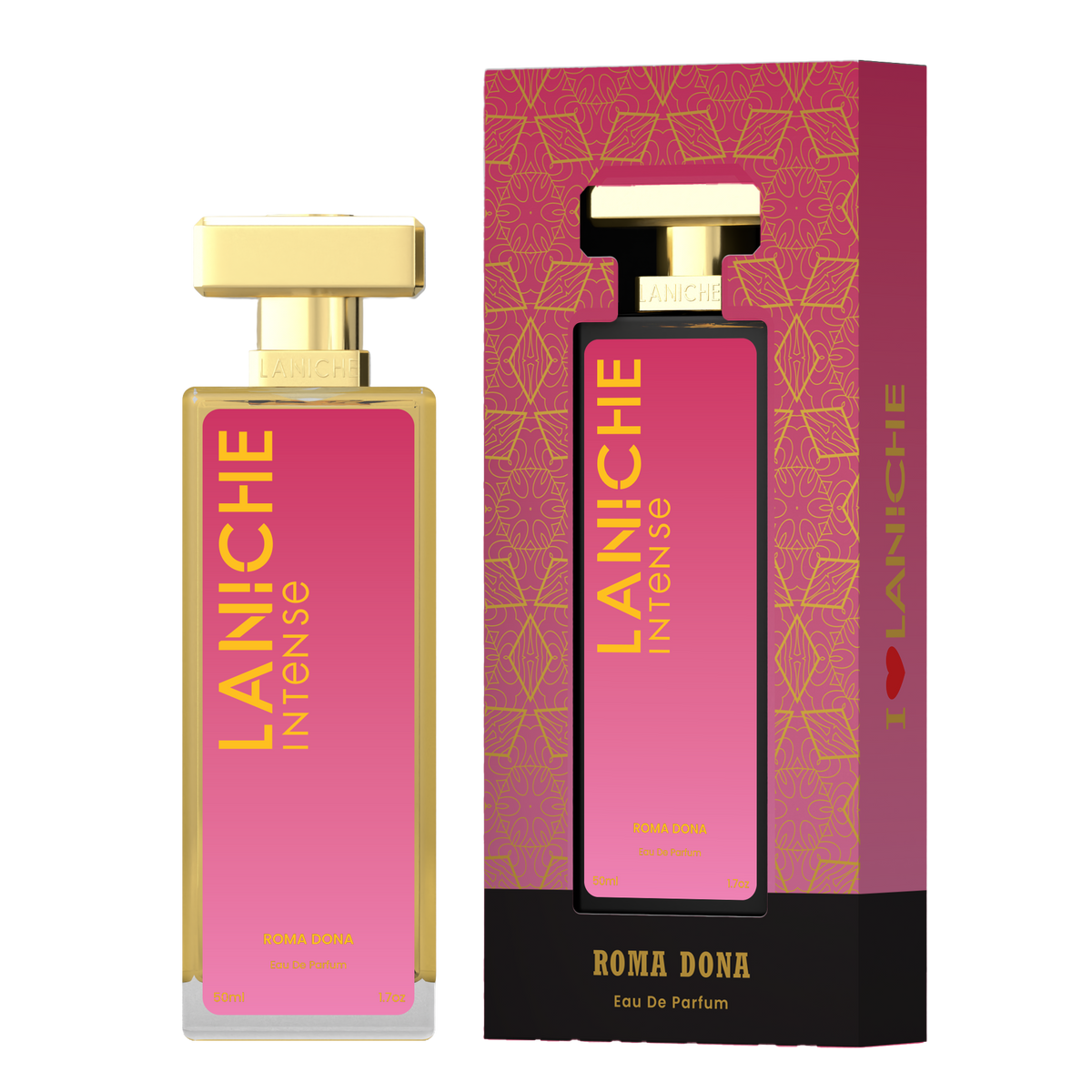 Laniche Parfum Roma Dona 50ml eau de parfum, pink and gold bottle beside its matching patterned box.