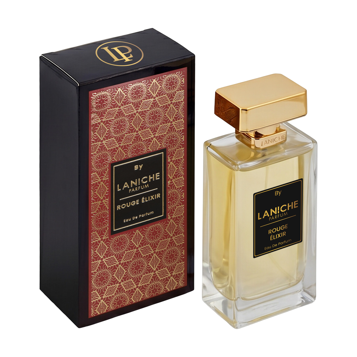 Laniche Parfum Rouge Élixir 100ml eau de parfum, gold bottle beside a black box with an ornate gold scroll pattern on red.