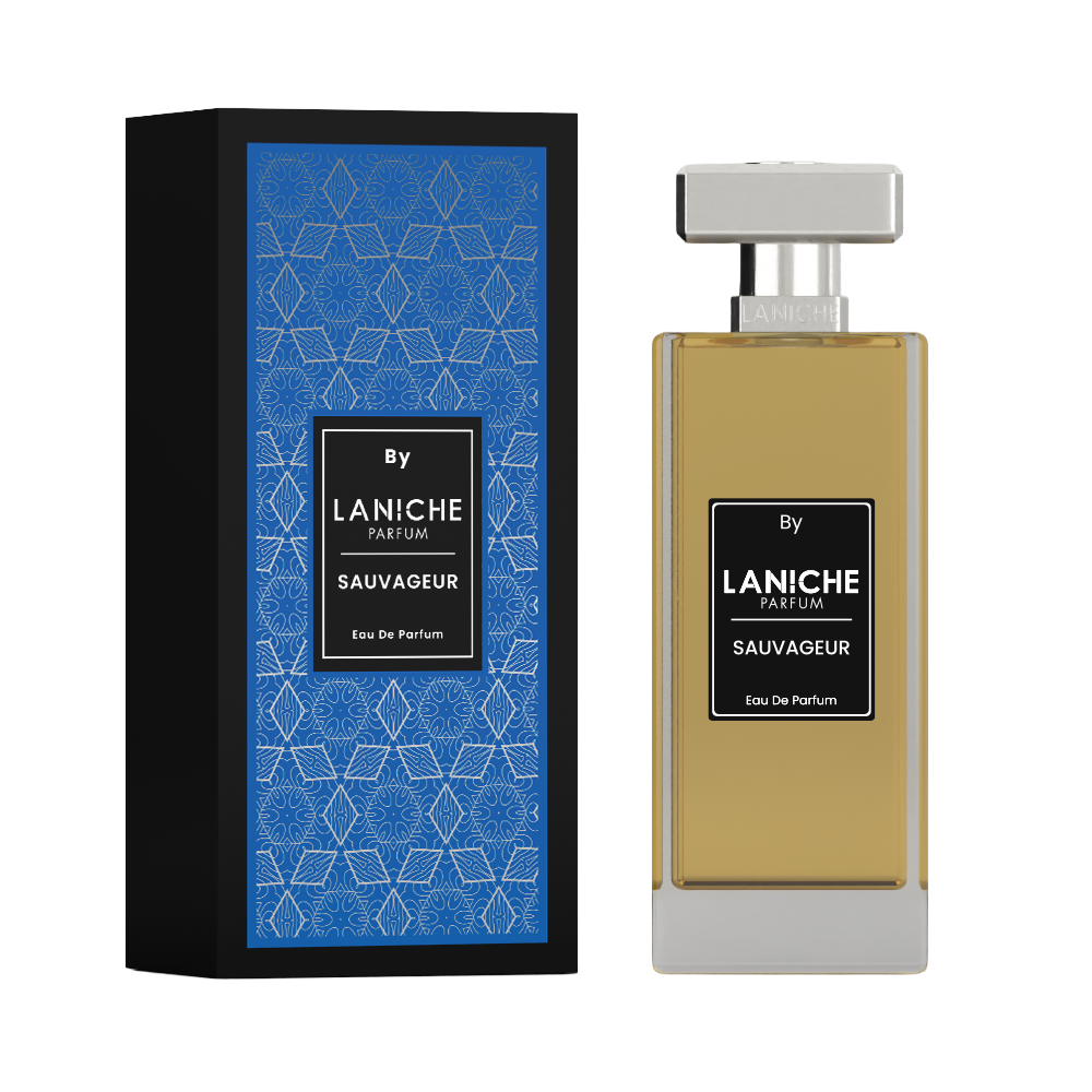 Angled view of the Sauvageur by Laniche Parfum 100ml Eau de Parfum bottle and blue packaging box with LP monogram lid.