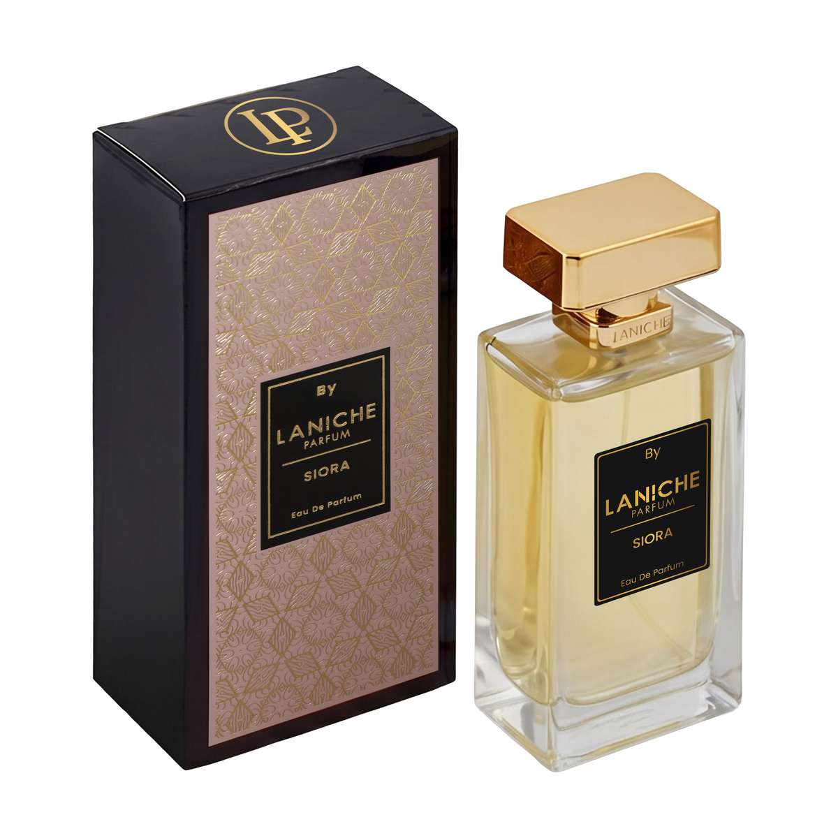 Laniche Parfum Siora 100ml eau de parfum, gold bottle beside a black box with an ornate gold scroll pattern on nude beige.