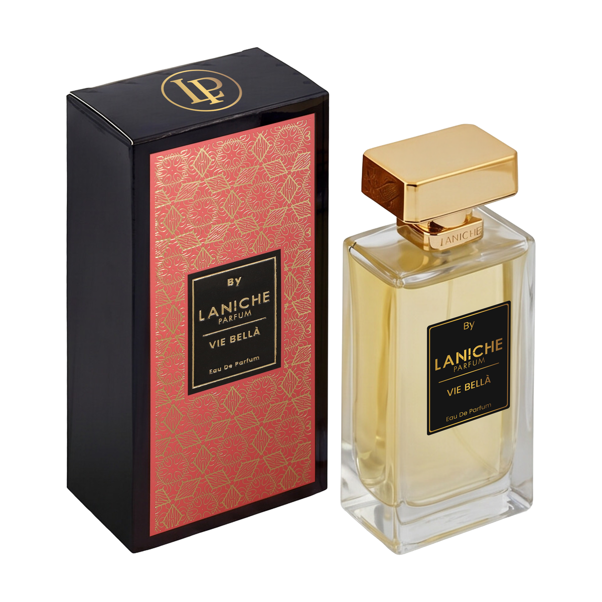 Laniche Parfum Vie Bella 100ml eau de parfum, gold bottle beside a black box with an ornate gold scroll pattern on coral red.