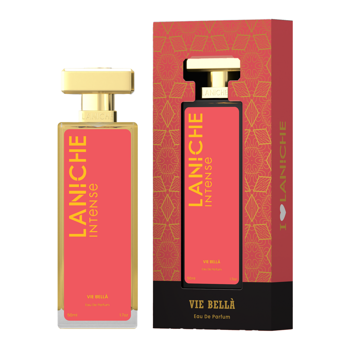 Laniche Parfum Vie Bella 50ml eau de parfum, coral red and gold bottle beside its matching patterned box.