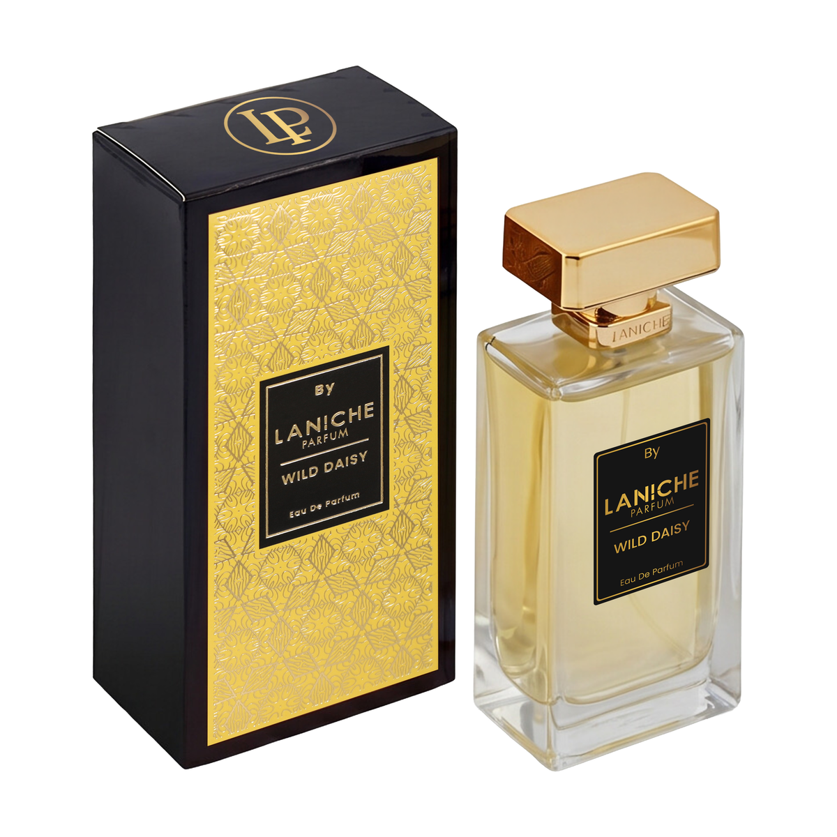 Laniche Parfum Wild Daisy 100ml eau de parfum, gold bottle beside a black box with an ornate gold scroll pattern on yellow.