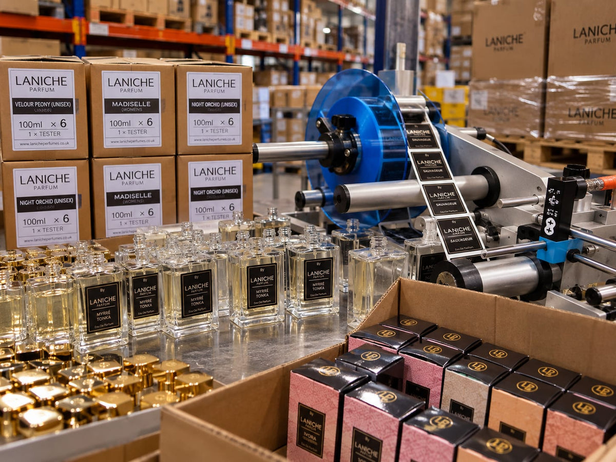Laniche Parfum fragrances on a lit retail display