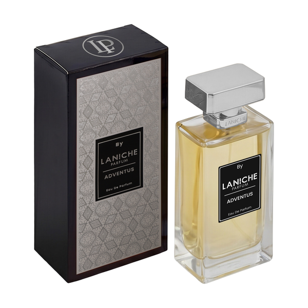 Adventus by Laniche Parfum, a fresh, fruity and woody Eau de Parfum, 100ml bottle with glossy black box.