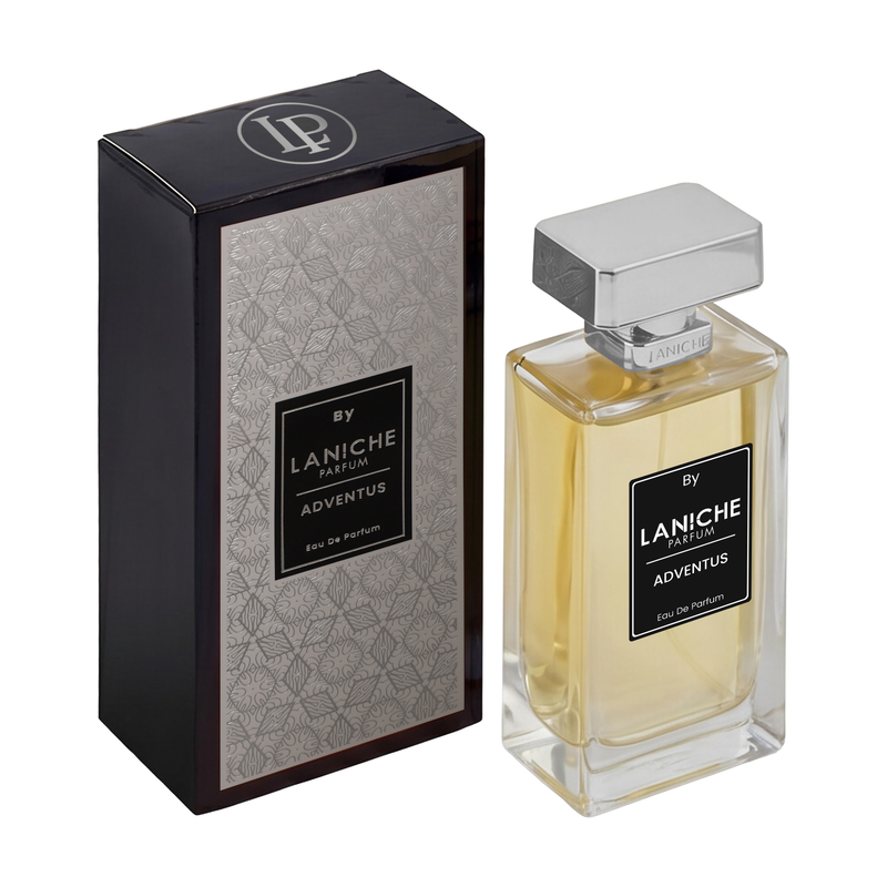 Adventus by Laniche Parfum, a fresh, fruity and woody Eau de Parfum, 100ml bottle with glossy black box.