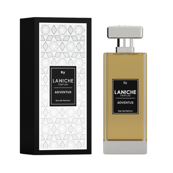 Adventus by Laniche Parfum, a fresh, fruity and woody Eau de Parfum, 100ml bottle with white patterned box.