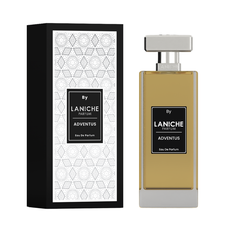 Adventus by Laniche Parfum, a fresh, fruity and woody Eau de Parfum, 100ml bottle with white patterned box.