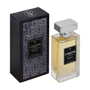 Laniche Parfum Bleu D Eau de Parfum bottle with a silver cap next to its black and blue patterned packaging box, on a white background.