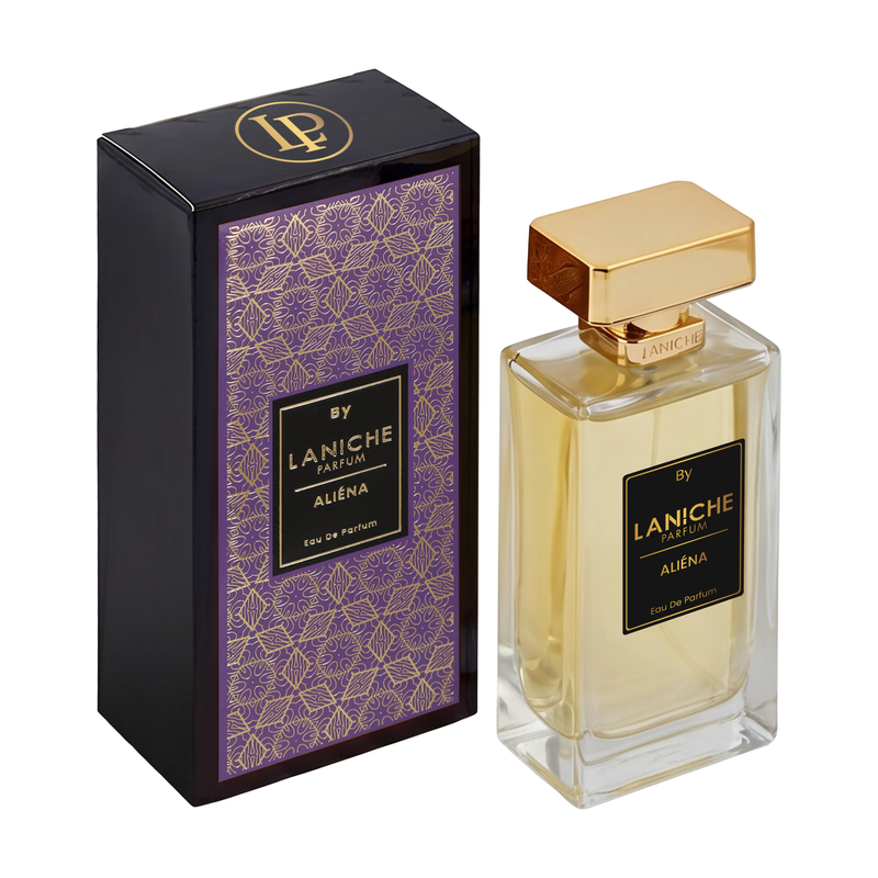 Laniche Parfum Aliéna 100ml eau de parfum, gold bottle beside a black box with an ornate gold scroll pattern on purple.