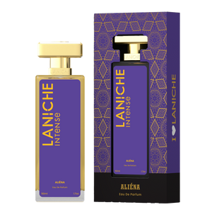 Laniche Parfum Aliéna 50ml eau de parfum, purple and gold bottle beside its matching patterned box.