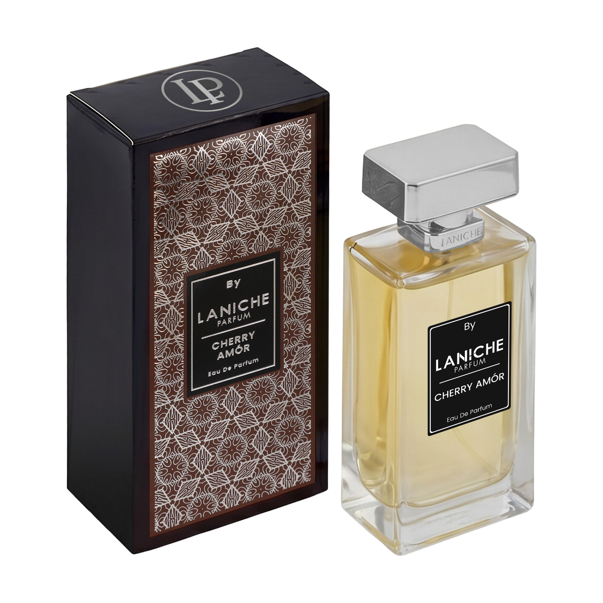 Laniche Parfum Cherry Amor 100ml eau de parfum, gold bottle with silver cap beside a black box with an ornate silver scroll pattern on brown.