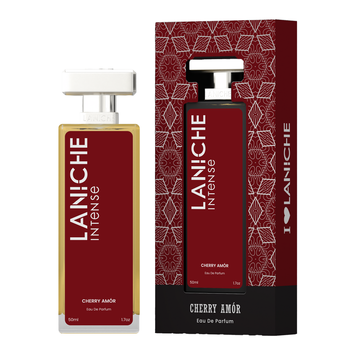 Laniche Parfum Cherry Amor 50ml eau de parfum, deep red and silver bottle beside its matching patterned box.