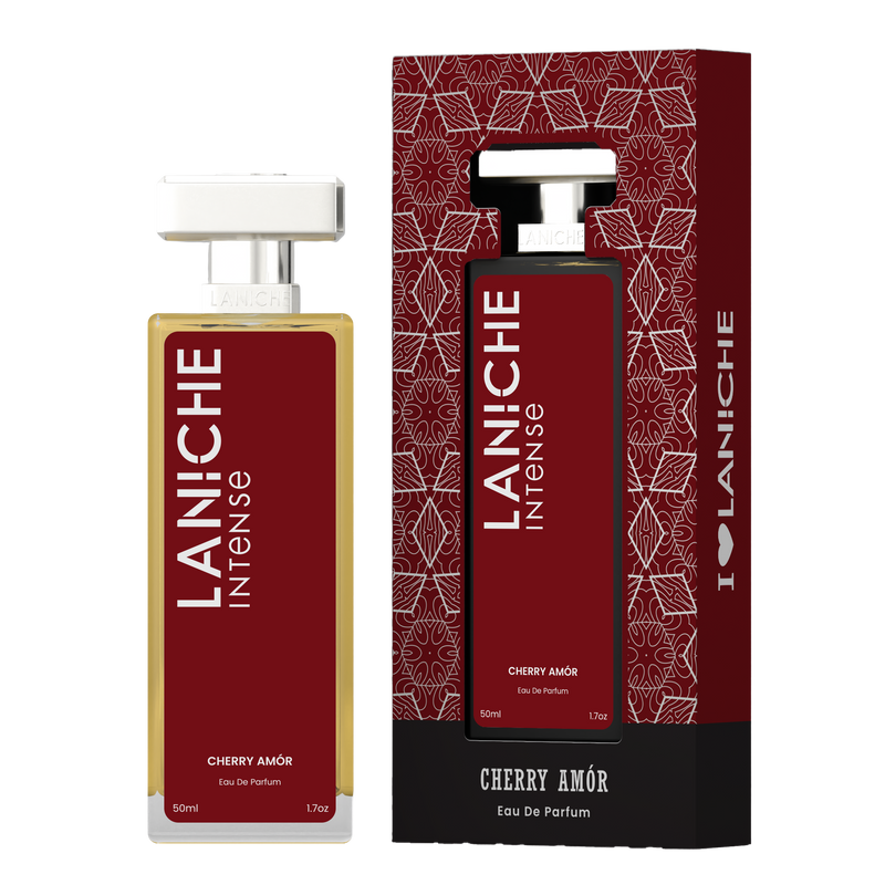 Laniche Parfum Cherry Amor 50ml eau de parfum, deep red and silver bottle beside its matching patterned box.