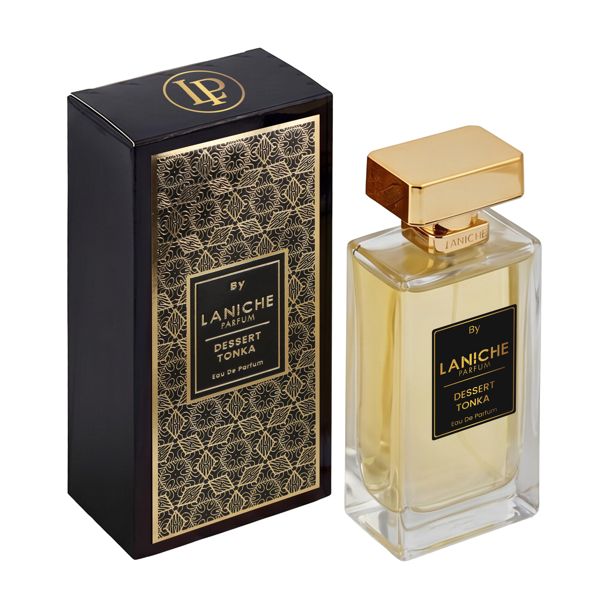 Laniche Parfum Dessert Tonka 100ml eau de parfum, gold bottle beside a black box with an ornate gold scroll pattern.