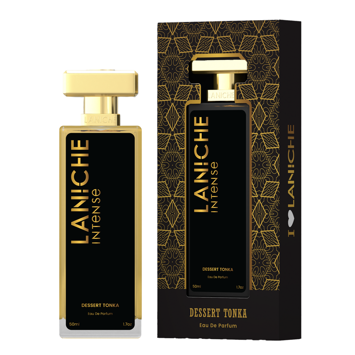 Laniche Parfum Dessert Tonka 50ml eau de parfum, black and gold bottle beside its matching patterned box.