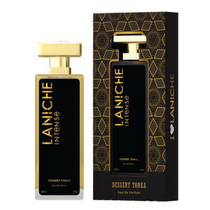 Laniche Parfum Dessert Tonka 50ml eau de parfum, black and gold bottle beside its matching patterned box.