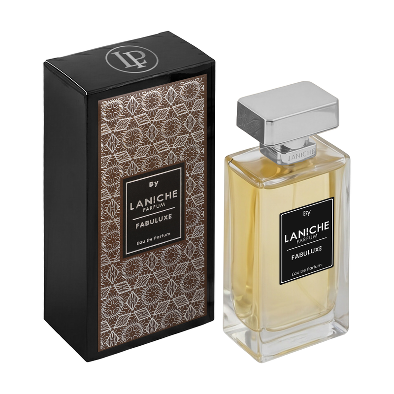 Laniche Parfum Fabuluxe 100ml eau de parfum, gold bottle with silver cap beside a black box with an ornate silver scroll pattern on brown.