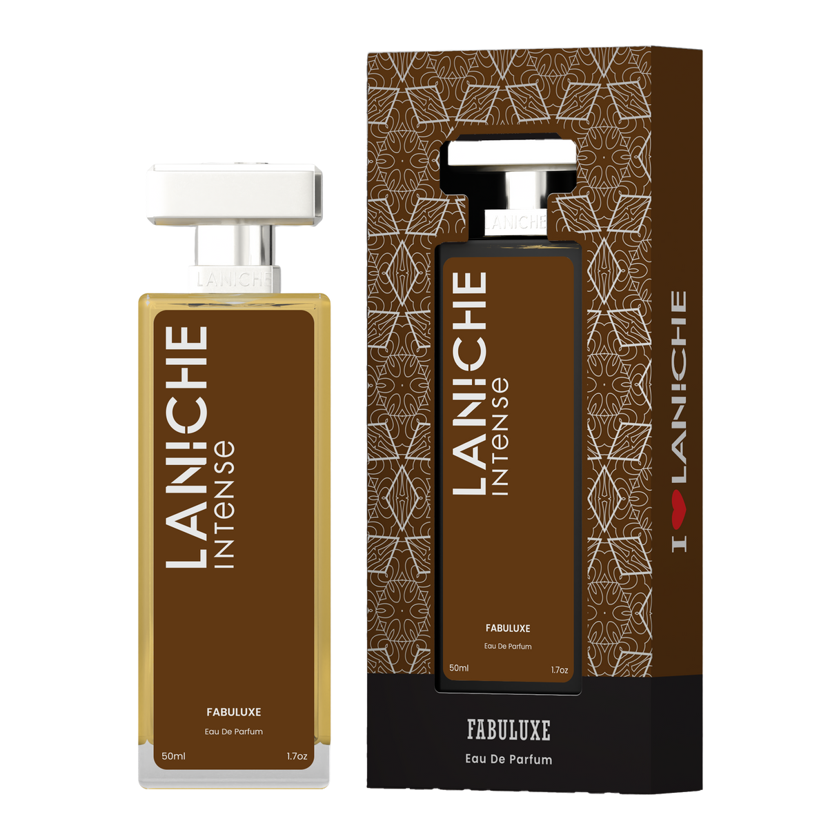 Laniche Parfum Fabuluxe 50ml eau de parfum, brown and silver bottle beside its matching patterned box.