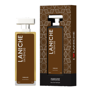 Laniche Parfum Fabuluxe 50ml eau de parfum, brown and silver bottle beside its matching patterned box.