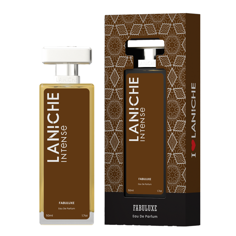 Laniche Parfum Fabuluxe 50ml eau de parfum, brown and silver bottle beside its matching patterned box.
