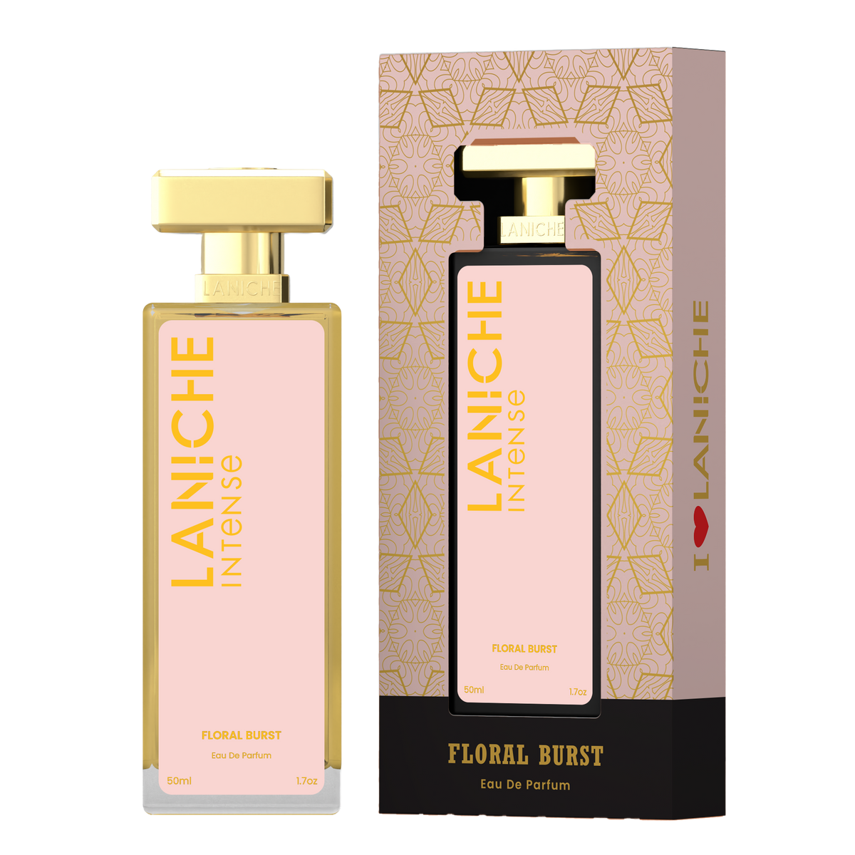 Laniche Parfum Floral Burst 50ml eau de parfum, blush pink and gold bottle beside its matching patterned box.