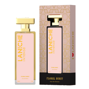 Laniche Parfum Floral Burst 50ml eau de parfum, blush pink and gold bottle beside its matching patterned box.