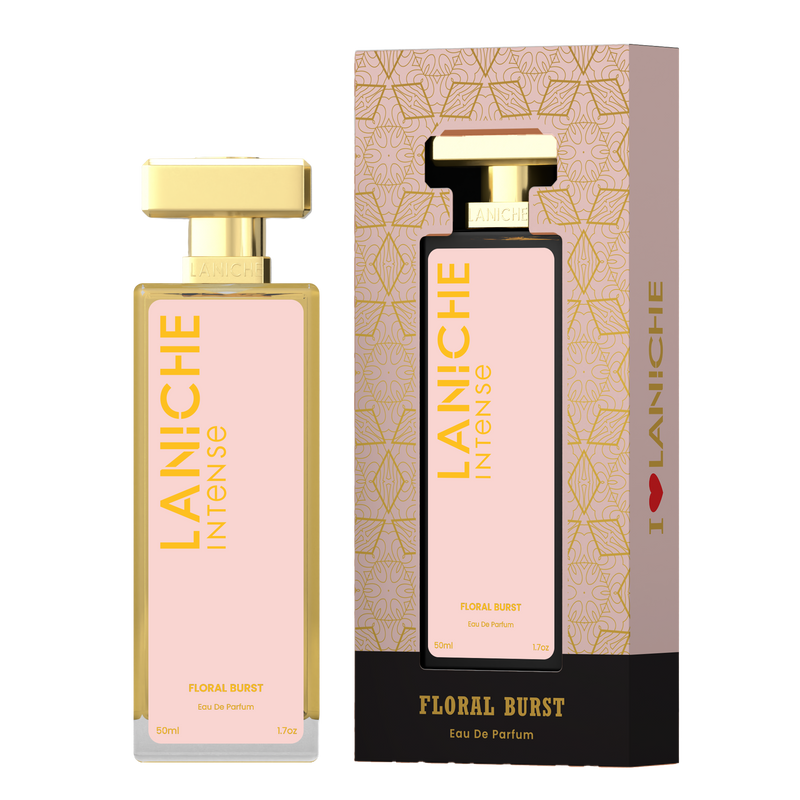 Laniche Parfum Floral Burst 50ml eau de parfum, blush pink and gold bottle beside its matching patterned box.