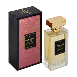 Laniche Parfum Godessa 100ml eau de parfum, gold bottle beside a black box with an ornate gold scroll pattern on magenta pink.