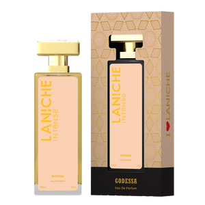 Laniche Parfum Godessa 50ml eau de parfum, peach and gold bottle beside its matching patterned box.