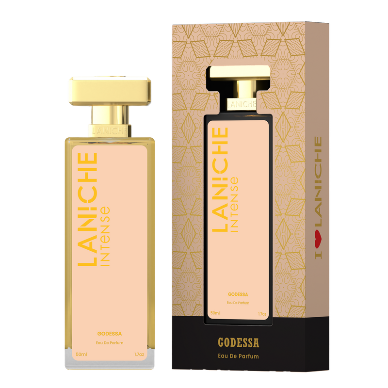 Laniche Parfum Godessa 50ml eau de parfum, peach and gold bottle beside its matching patterned box.