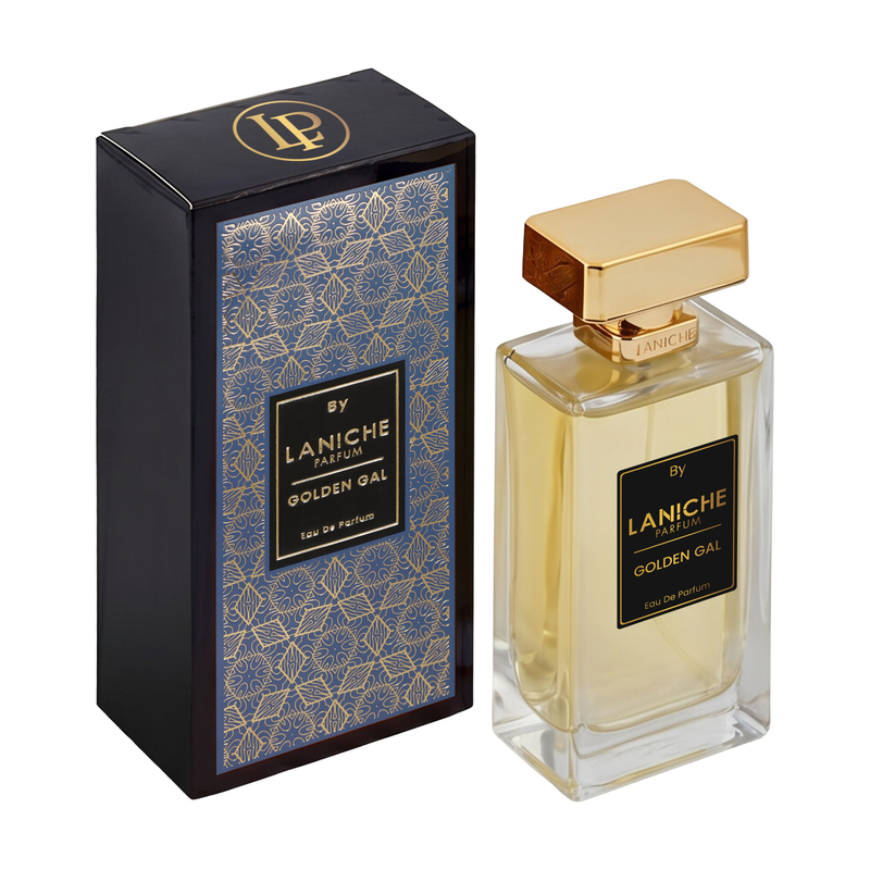 Laniche Parfum Golden Gal 100ml eau de parfum, gold bottle beside a black box with an ornate gold scroll pattern on blue.