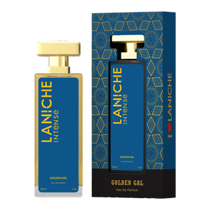 Laniche Parfum Golden Gal 50ml eau de parfum, blue and gold bottle beside its matching patterned box.