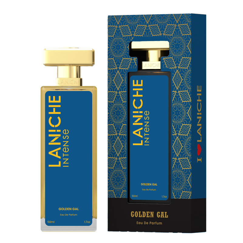Laniche Parfum Golden Gal 50ml eau de parfum, blue and gold bottle beside its matching patterned box.