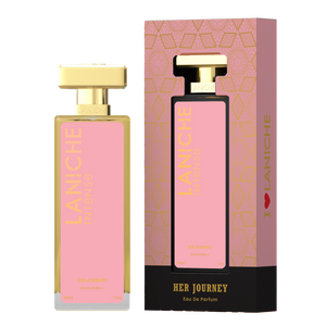 Laniche Parfum Her Journey 50ml eau de parfum, pink and gold bottle beside its matching patterned box.