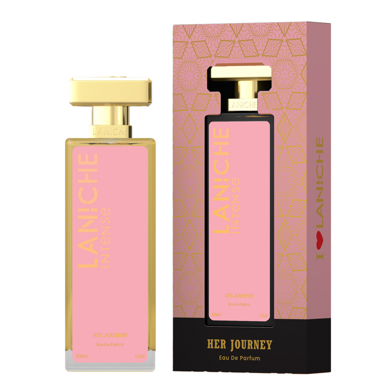 Laniche Parfum Her Journey 50ml eau de parfum, pink and gold bottle beside its matching patterned box.