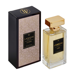 Laniche Parfum Livora 100ml eau de parfum, gold bottle beside a black box with an ornate gold scroll pattern on blush pink.
