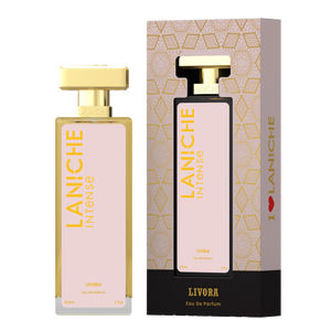 Laniche Parfum Livora 50ml eau de parfum, blush pink and gold bottle beside its matching patterned box.