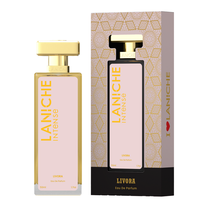 Laniche Parfum Livora 50ml eau de parfum, blush pink and gold bottle beside its matching patterned box.