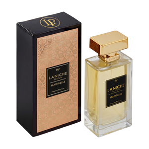 Laniche Parfum Madiselle 100ml eau de parfum, gold bottle beside a black box with an ornate gold scroll pattern on peach.