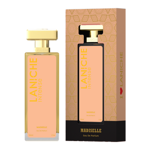 Laniche Parfum Madiselle 50ml eau de parfum, peach and gold bottle beside its matching patterned box.
