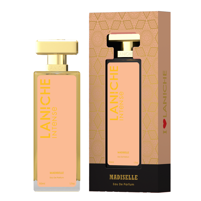Laniche Parfum Madiselle 50ml eau de parfum, peach and gold bottle beside its matching patterned box.