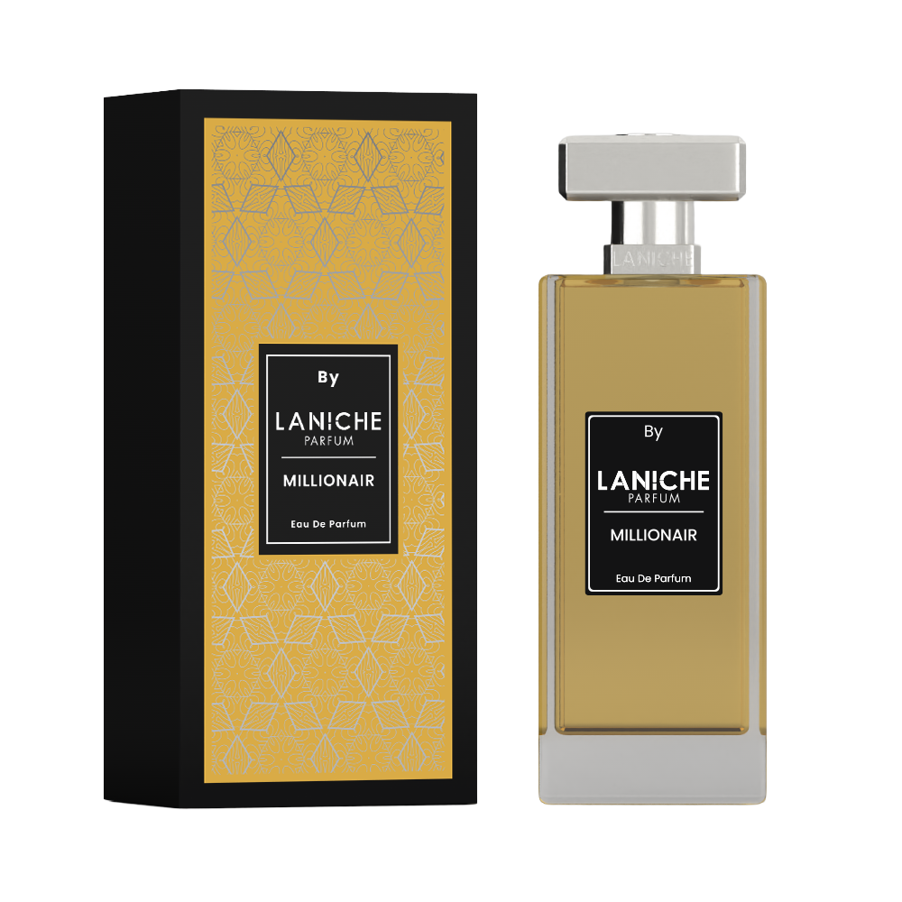 Millionair by Laniche Parfum 100ml Eau de Parfum bottle next to its black and gold packaging box.